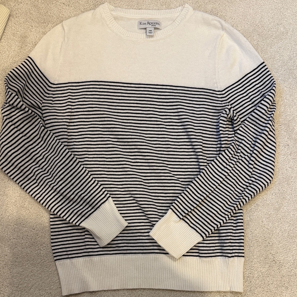 Kim Rogers White & Black Striped Crewneck Sweater - Classic Breton Style